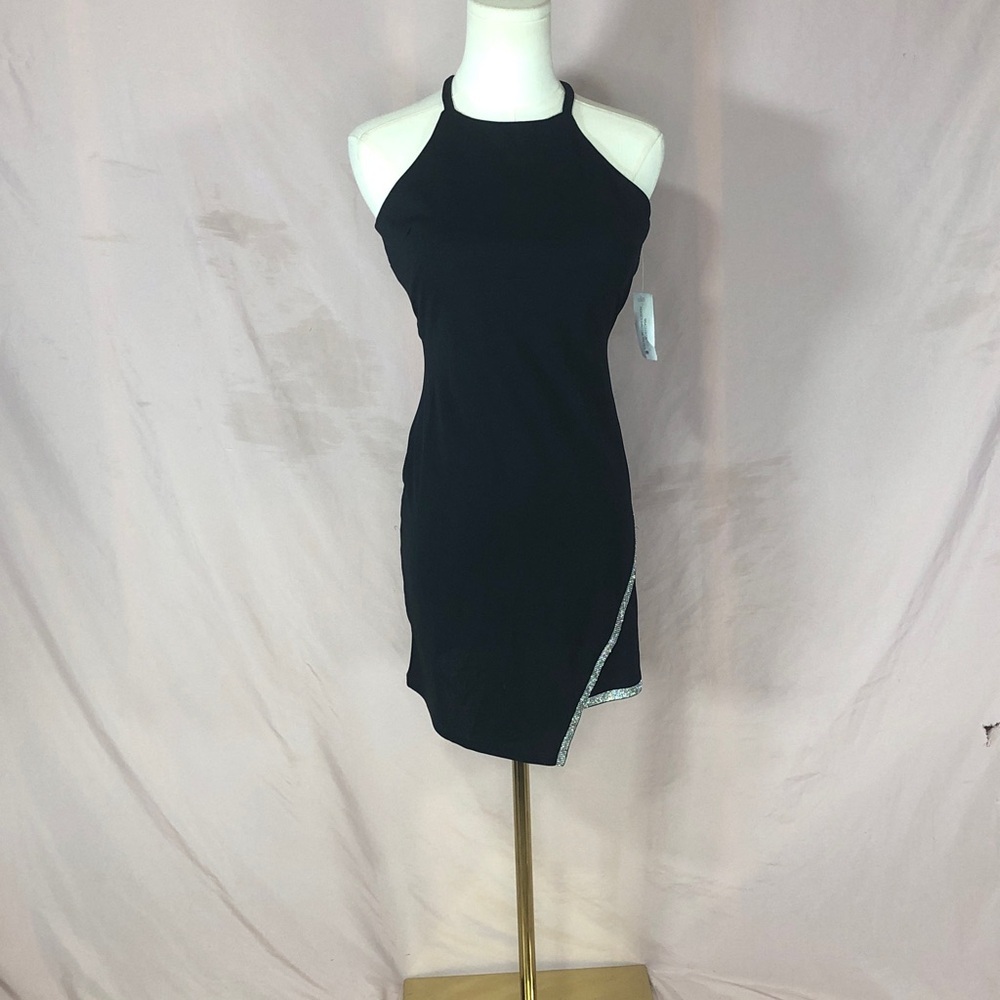 Black Halter Sheath Dress with Silver Rhinestone Sequin Trim Size Small XS